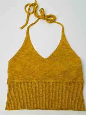 Bardot Mustard Yellow Knit Halter Crop Top Ribbed Band Cotton Blend | US 4 XS